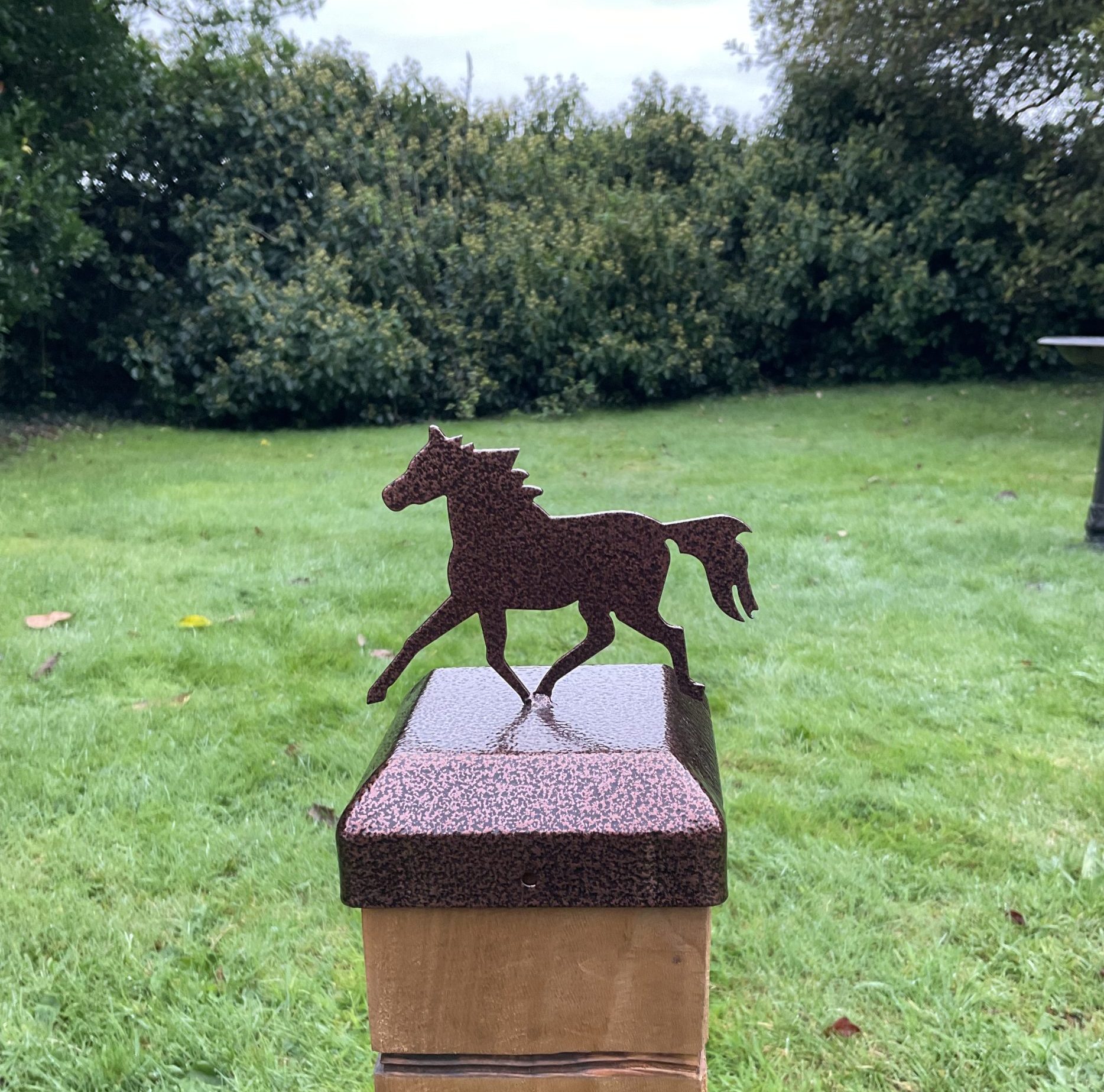 IMG 3069 scaled e1695472159667 These decorative horse design post caps are for 4" x 4" (10cm x 10cm) posts. They will help protect the posts, whilst also creating a lovely and unique finish. Made from galvanised steel and powder coated in a choice of 4 colours Screw on fixing. Available in Black, Silver, Gold or Antique Copper, please send a message when checking out with your colour choice