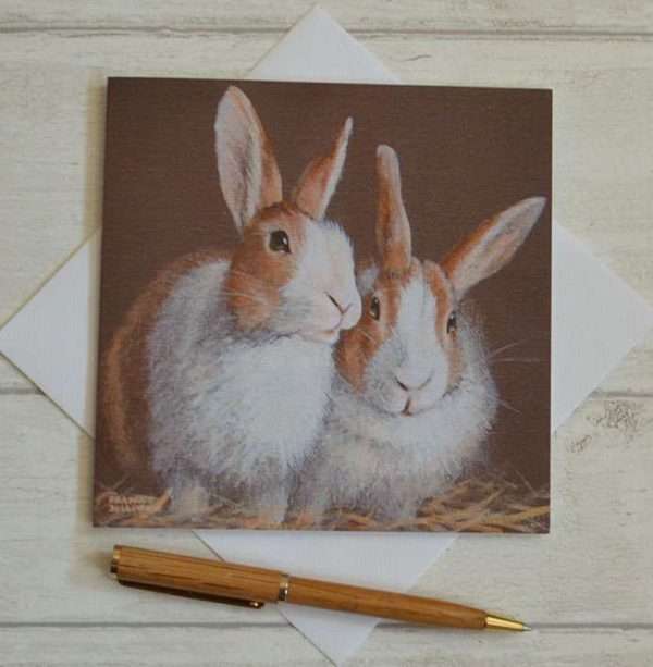 Pair of brown and white Dutch Rabbits square blank greetings card