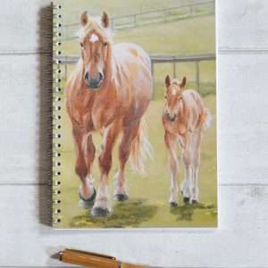 Suffolk Punch Horse Mare and Foal ambling along in the Spring sun art. Notebook