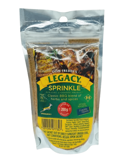 legacy sprinkle removebg preview Oom Freddy's Legacy Sprinkle - Official Supporters of the Springboks A savoury sprinkle with top notes of cumin & onion with a mild burn.