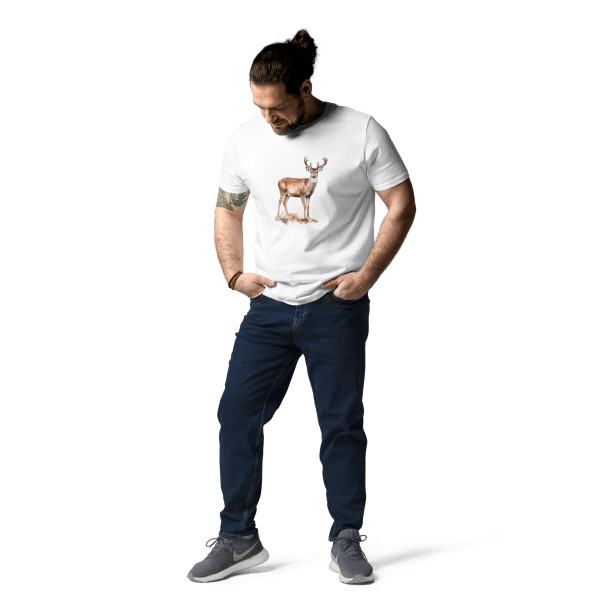 unisex organic cotton t shirt white front 2 6527f3b65c14f Introducing a stylish and sophisticated white t-shirt for men featuring an elegant deer motif.