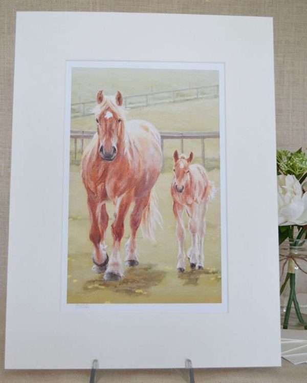 Ambling Suffolk Horse mare and foal in a pale 12x16 inch mount