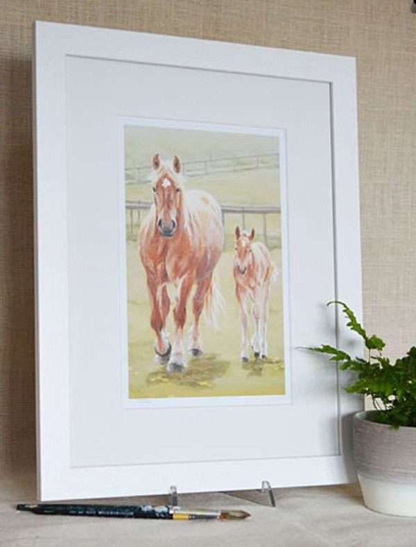 Ambling Suffolk Punch Mare and Foal with a 12x16 inch white frame suggestion