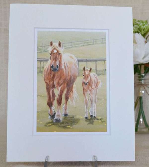 Ambling Suffolk Punch mare and foal in a pale 10x12 inch mount