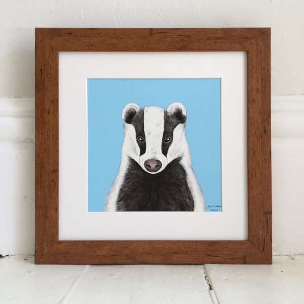 Badger DW Frame SQ scaled 10" x 10" art print of my original watercolour, fine liner and pencil illustration of a badger on a colourful​ blue background.