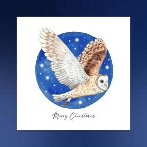 Christmas Card design, featuring a flying barn owl illustration