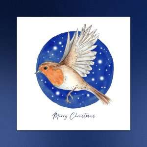 Flying Robin, illustrated Christmas card