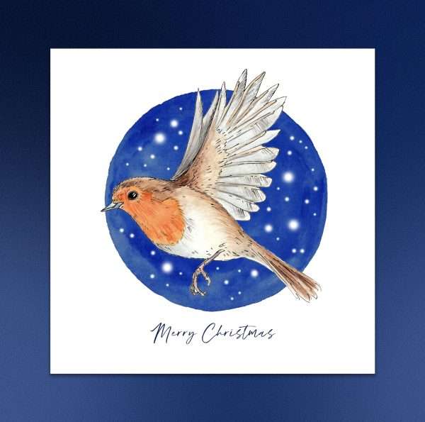 Flying Robin, illustrated Christmas card