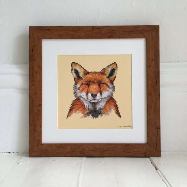 Fox LW Frame SQ scaled 10" x 10" art print of my original watercolour, fine liner and pencil illustration of a fox on a cream background.