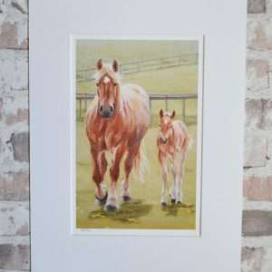 Print from my acrylic painting of a Suffolk Punch horse mare and foal walking towards us.