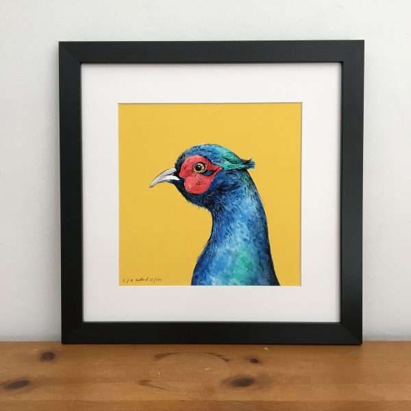 Pheasant illustration on a bright yellow background in a black frame.