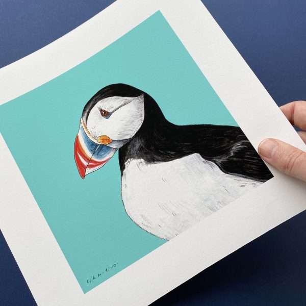 Puffin Loose Angle Hand scaled 10" x 10" art print of my original watercolour, fine liner and pencil illustration of a puffin on a blue background.