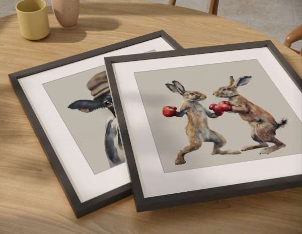 Watercolour Sparring Hares Wall Art Print Framed Picture or Unframed - Image 4