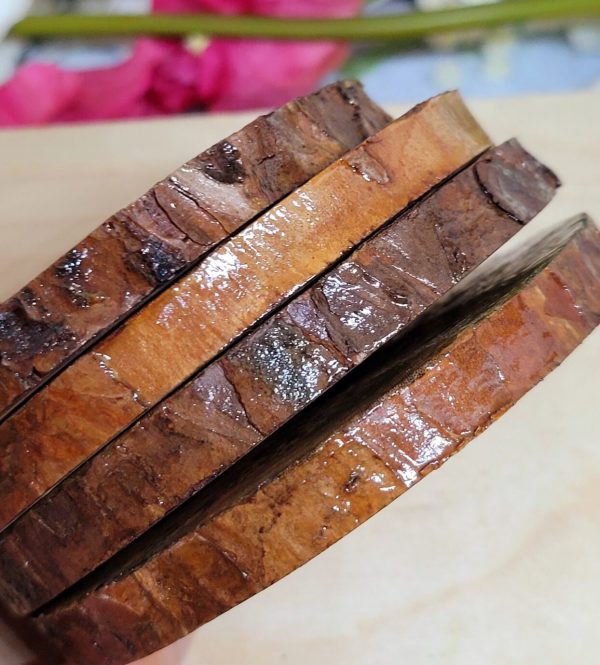four wood slices showing bark around the edge. Varnished