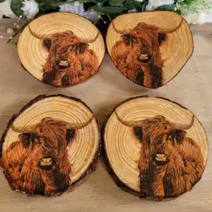 Four round wood slices with Highland cow detail