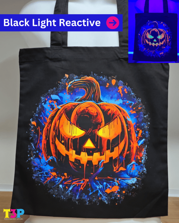 Blacklight Reactive DTF Pumpkin Tote Bag